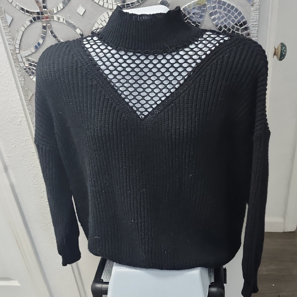 Black Knit Sweater with Mesh Detail